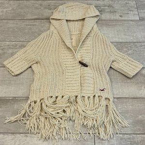 Hollister Short Sleeve Chunky Knit Hooded Cardigan Cream Fringe XS/S Boho Y2K